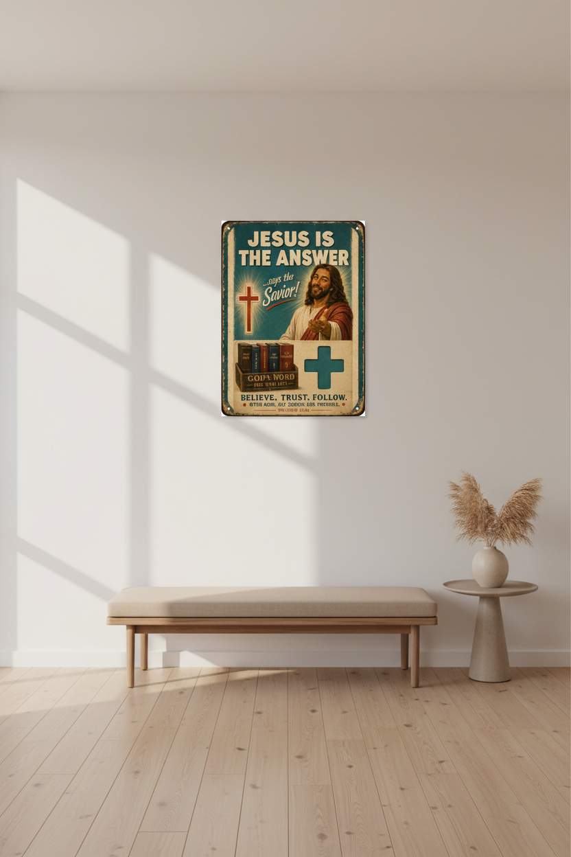 Vintage-style poster with religious text on a wall in a minimalistic room.