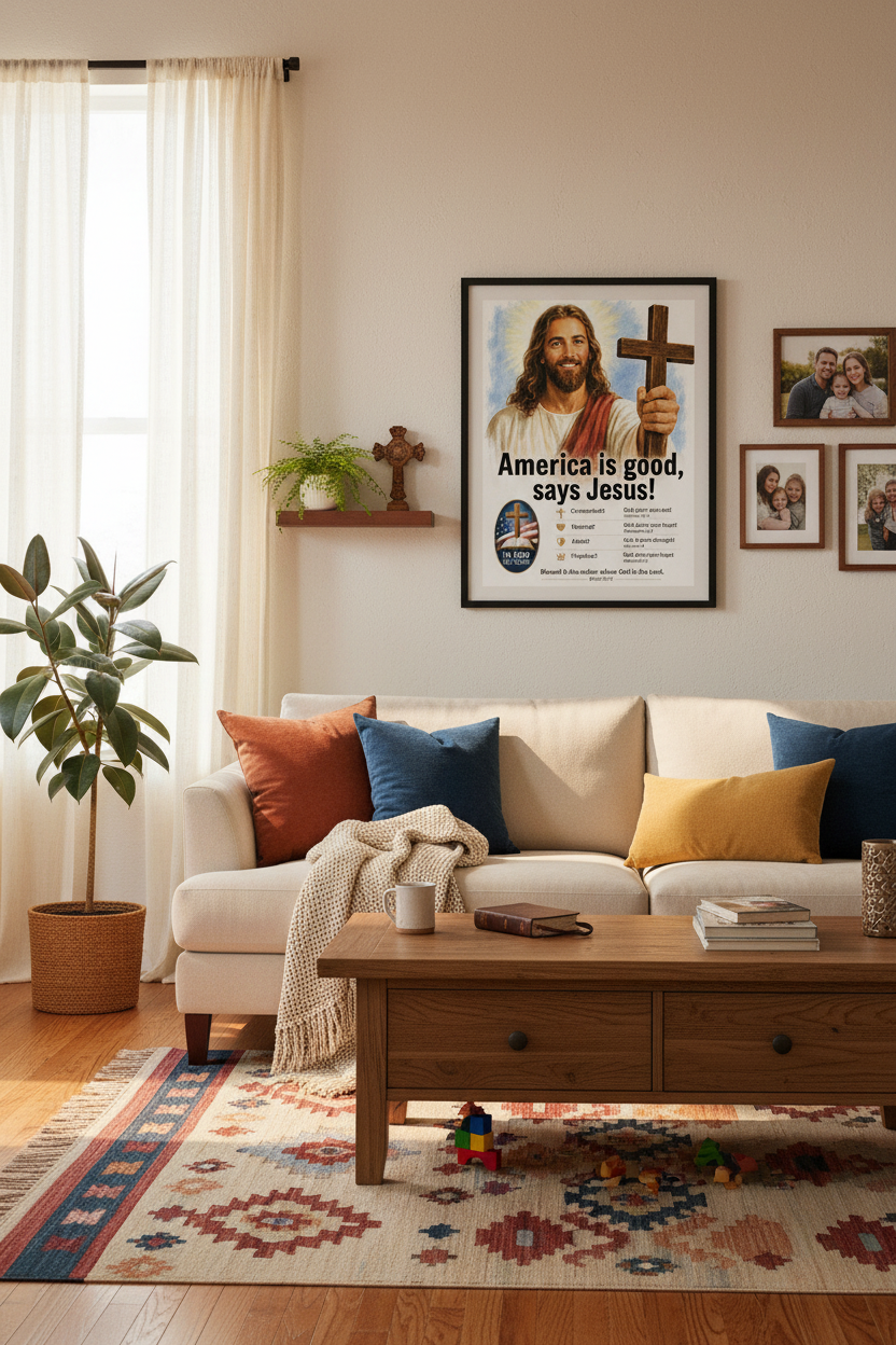 Framed picture of a christian holding a cross with text 'America is good, says Jesus!' in a studio above a couch
