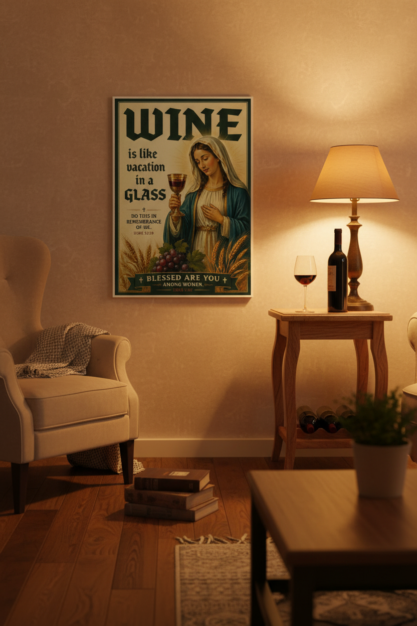 Living room with a 'Wine is like vacation in a glass' poster on the wall, lamp, and wine bottle.