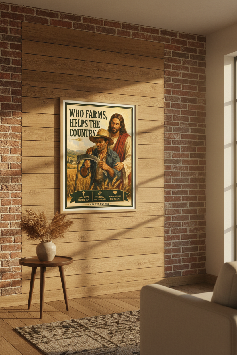 Poster of a farmer and a child on a brick wall with wooden paneling.