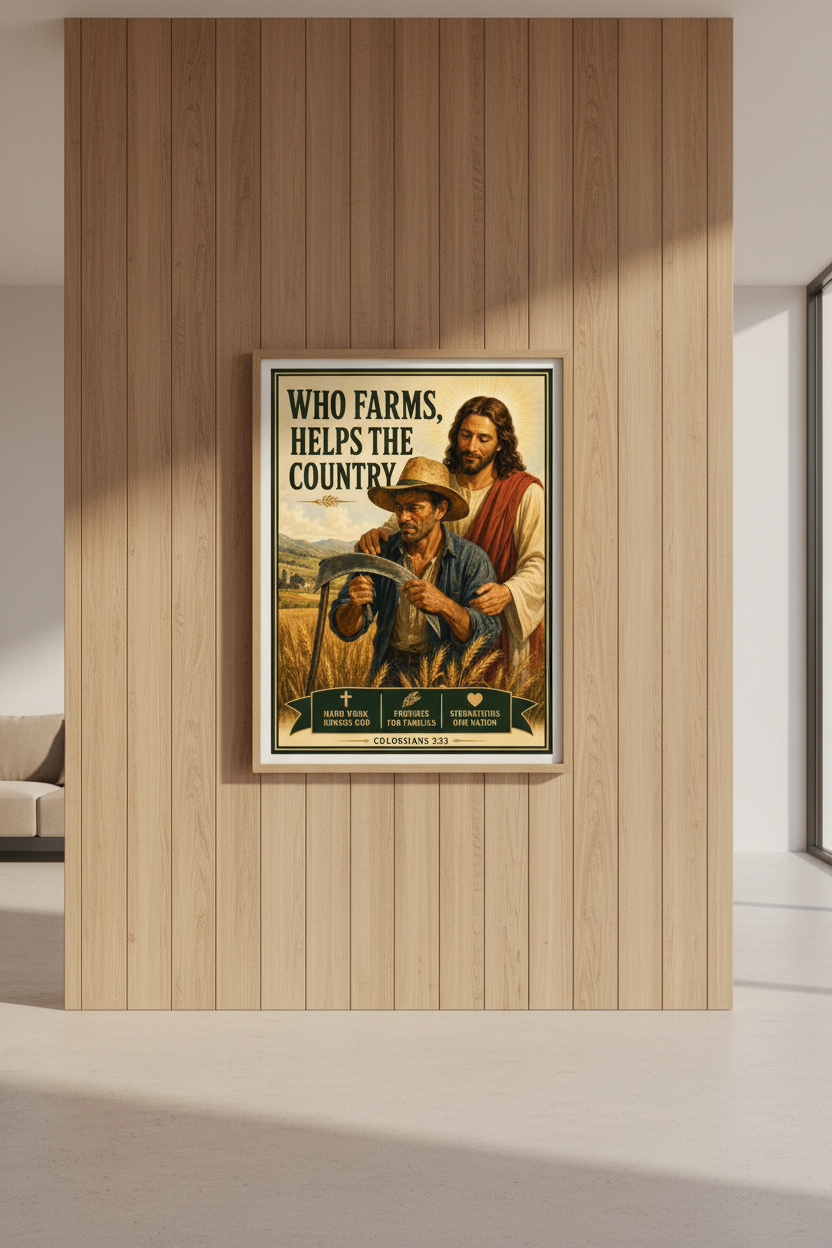 Framed poster with a rustic design featuring a man and child holding a gun, mounted on a wooden wall.