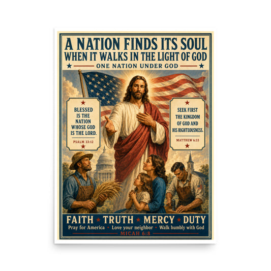 Poster with religious text and imagery of Jesus, American flag, and people in a setting.