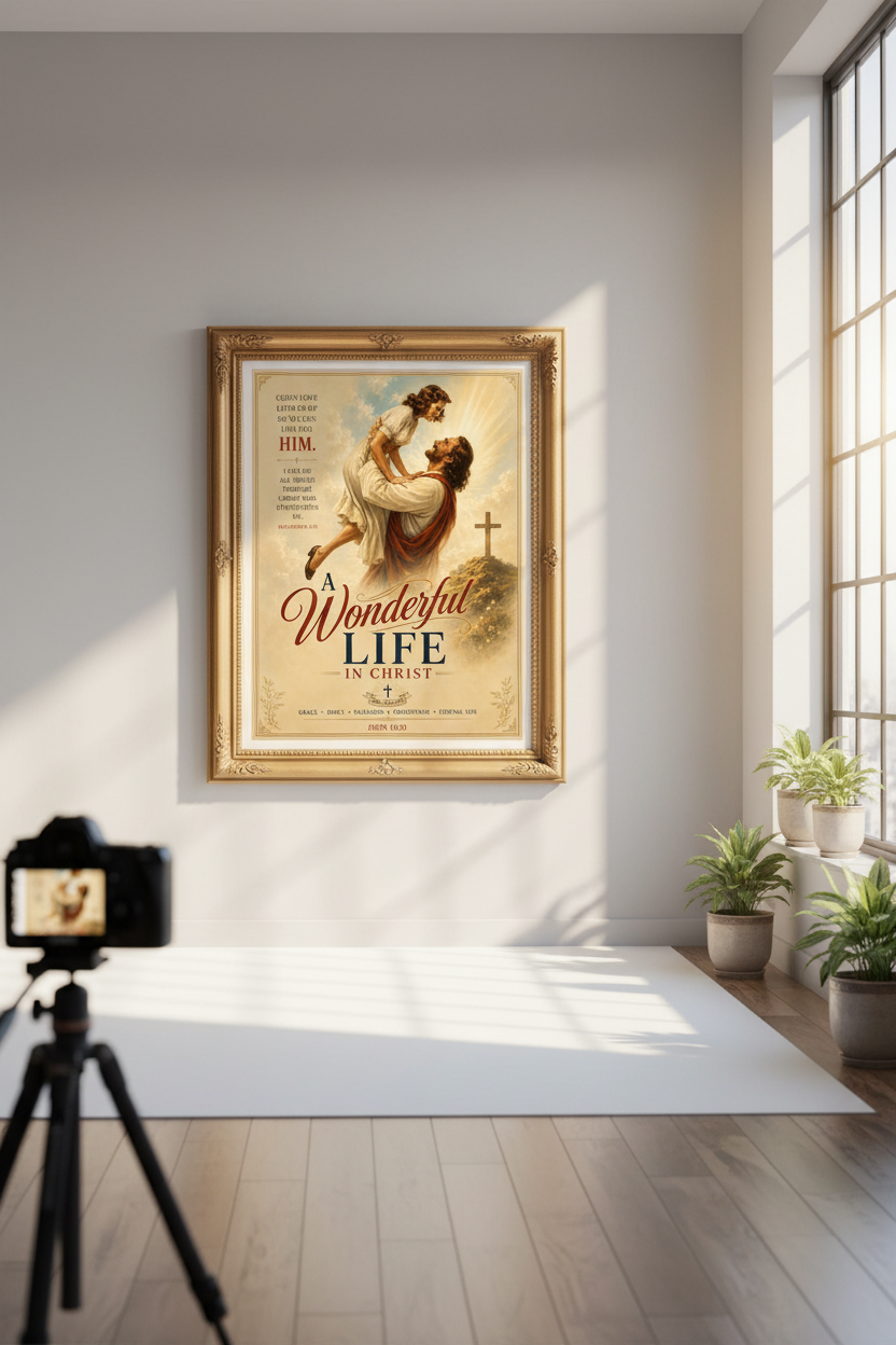 Framed artwork on a wall in a bright room with plants and a camera.