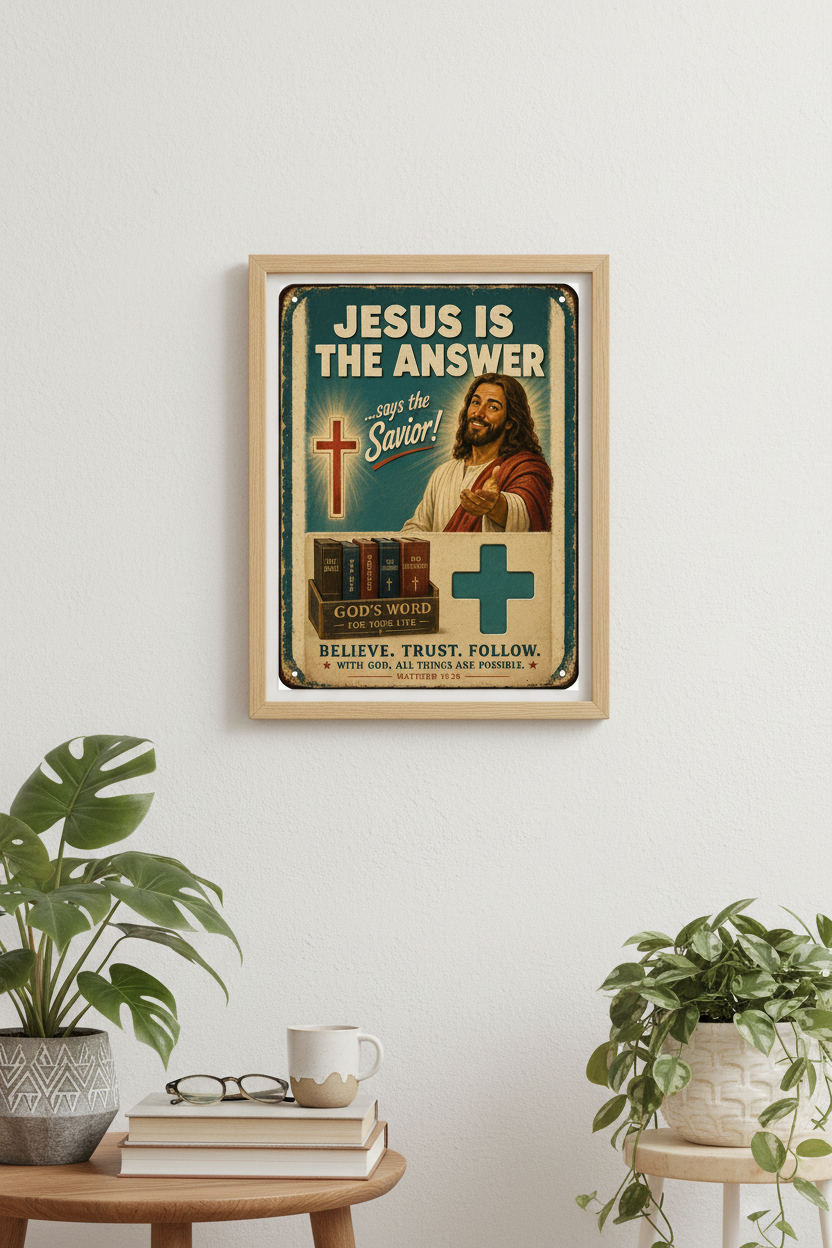 Framed poster with religious text and imagery on a wall with plants and books below.