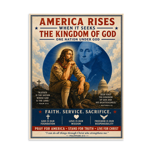 Poster with religious text and imagery of a man and woman, set against a blue sky with clouds.
