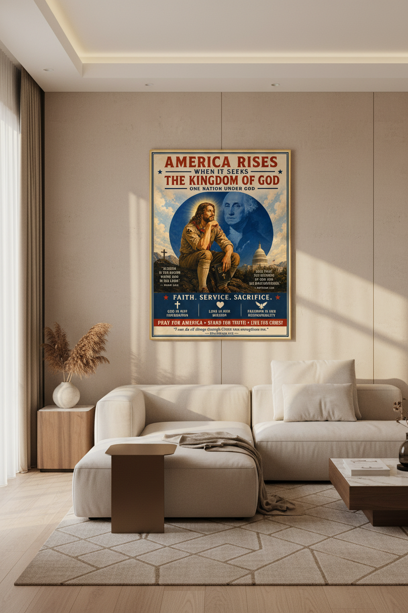 Living room with a large poster on the wall above a sofa