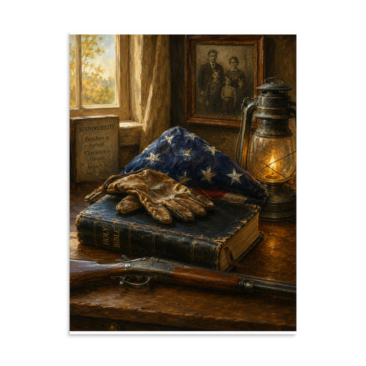 Rustic Christian Americana still life oil painting with Bible, folded American flag, lantern, work gloves, family photo, and heirloom rifle.