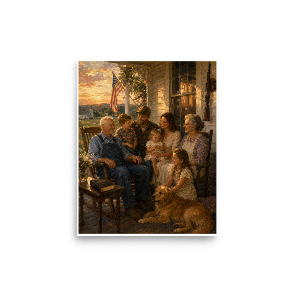 Christian Americana oil painting of a multigenerational Southern family on a farmhouse porch at golden hour with a Bible, church, flag, dog, and countryside.