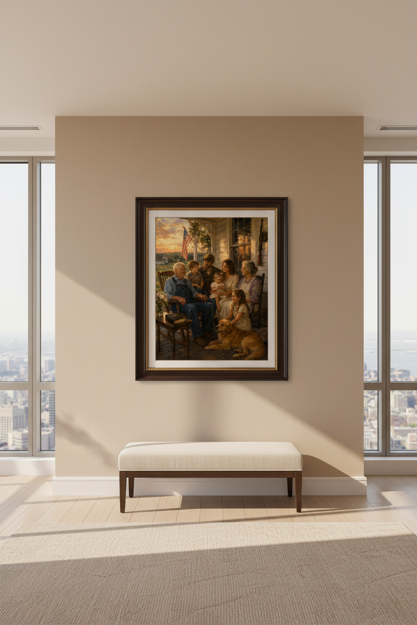 Christian traditional family painting haning in a minimalistic  room in a skyscraper.