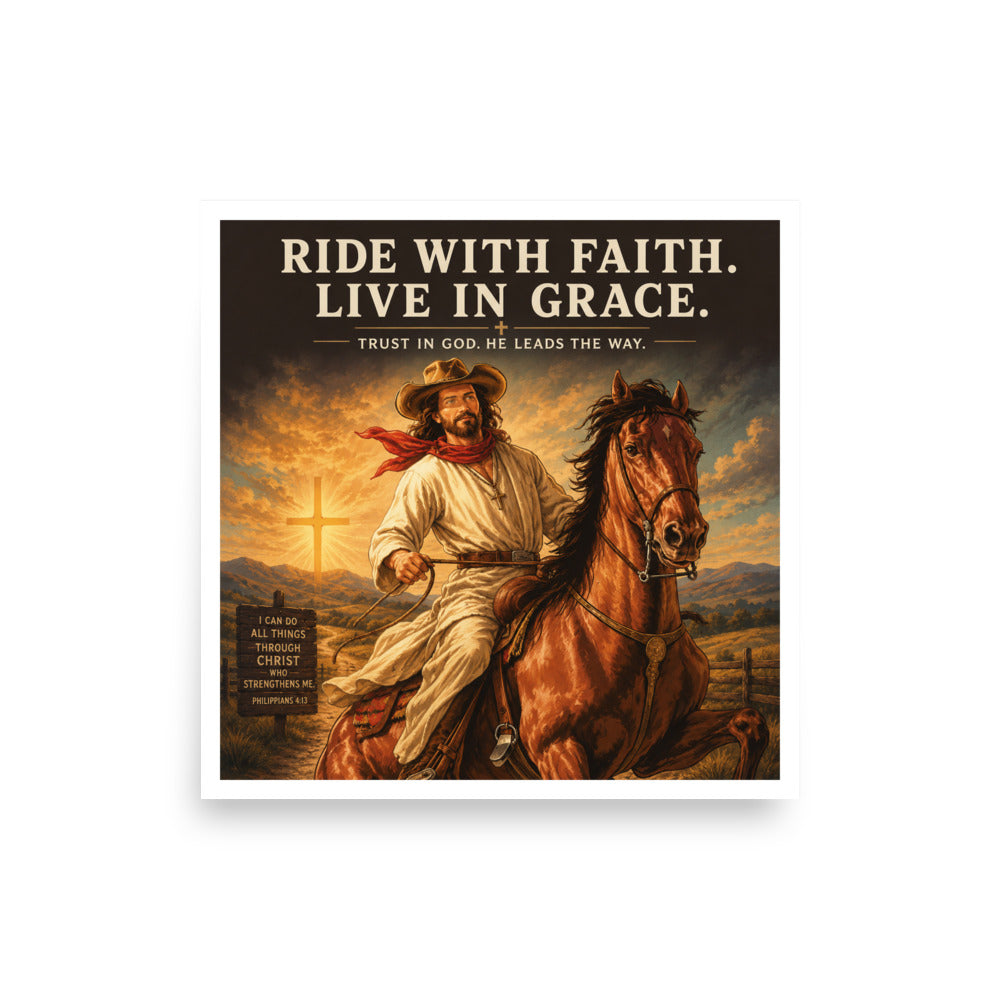 Man on horseback with text 'Ride with Faith. Live in Grace.' on a scenic background