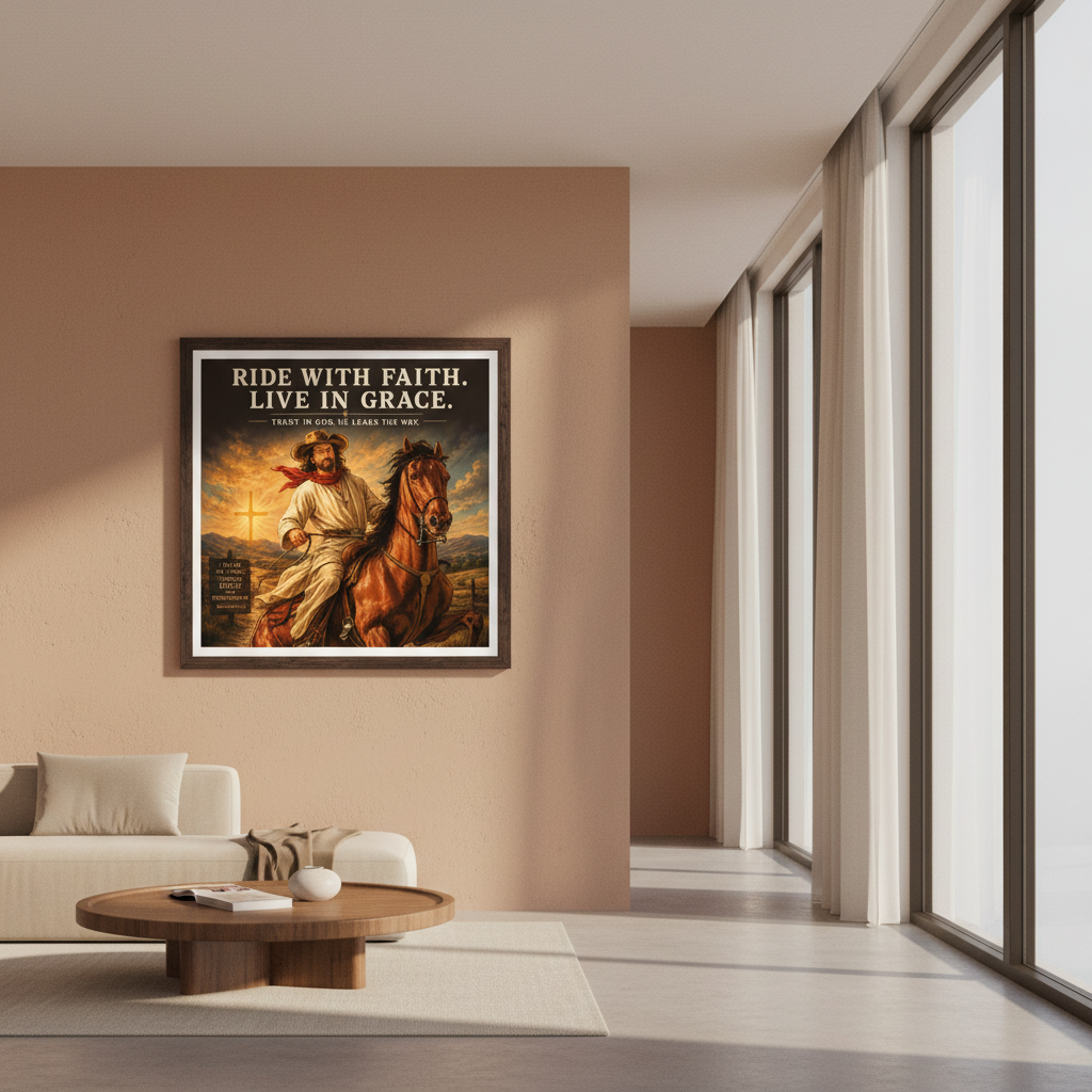 Framed artwork with religious theme on a wall in a modern living room.